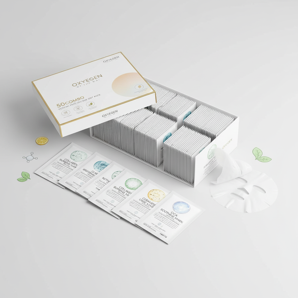 50pc Korean Face Mask Set: Hydrating, Brightening, Vegan, Cica & Hyaluron