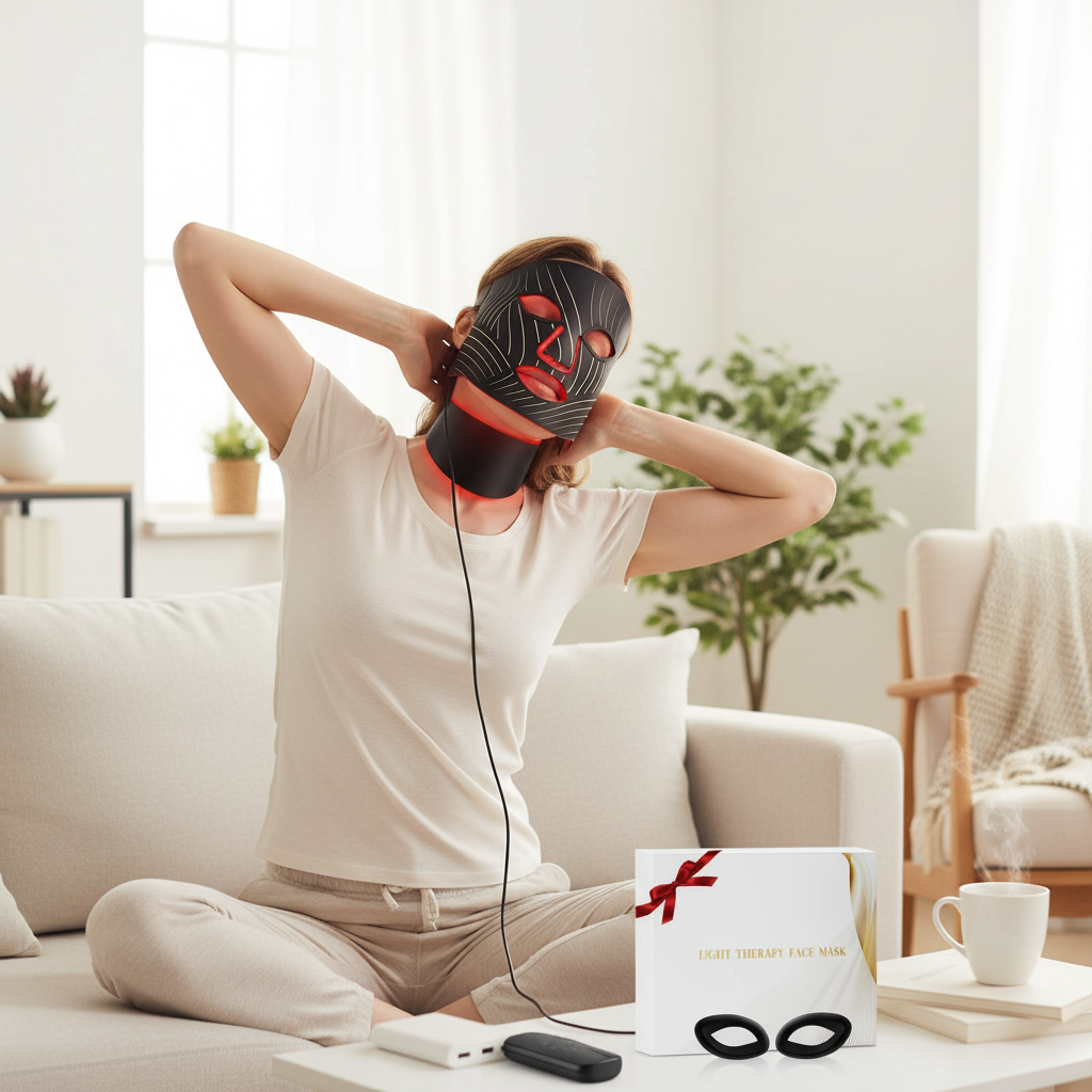 Red Light Face Mask/Neck - LED Therapy, Rechargeable, Timer